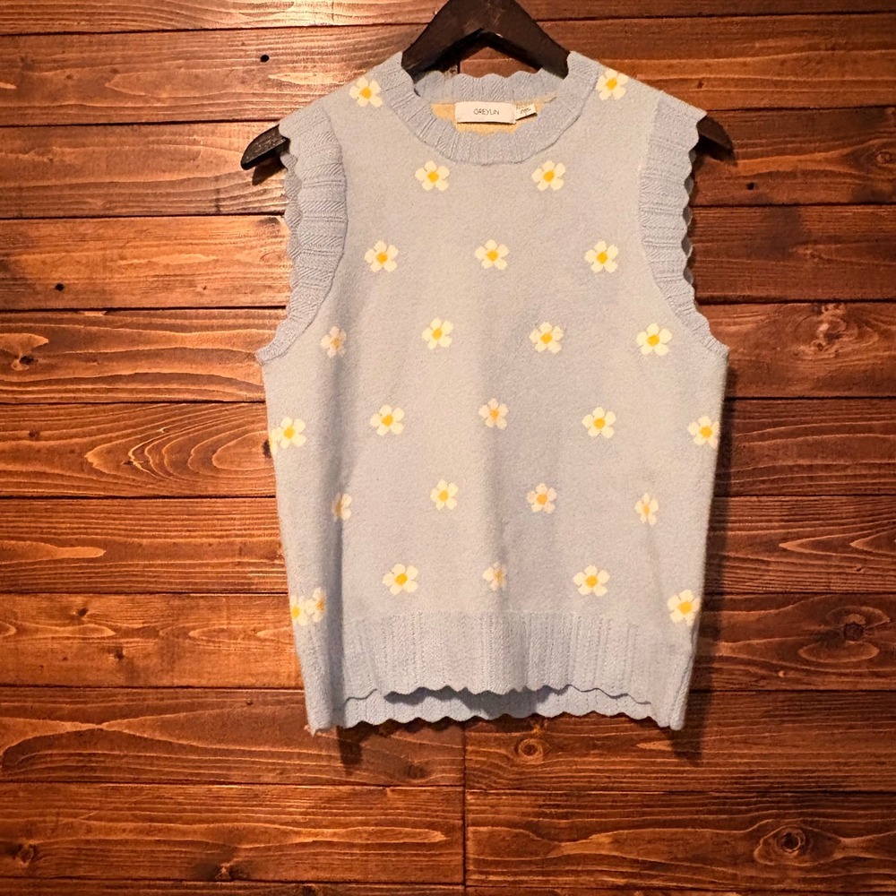 Greylin Daisy Sweater Vest Womens L Blue Floral Scallop Cottagecore 70s